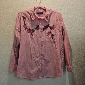 Karen Scott Womens XL Poinsettia‎ Blouse Christmas  Red Stripe Button Collar